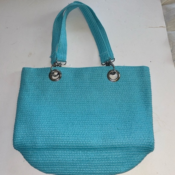 SUN AND SAND TURQUOISE BLUE STRAW TOTE BAG SILVER HARDWARE - Picture 1 of 6